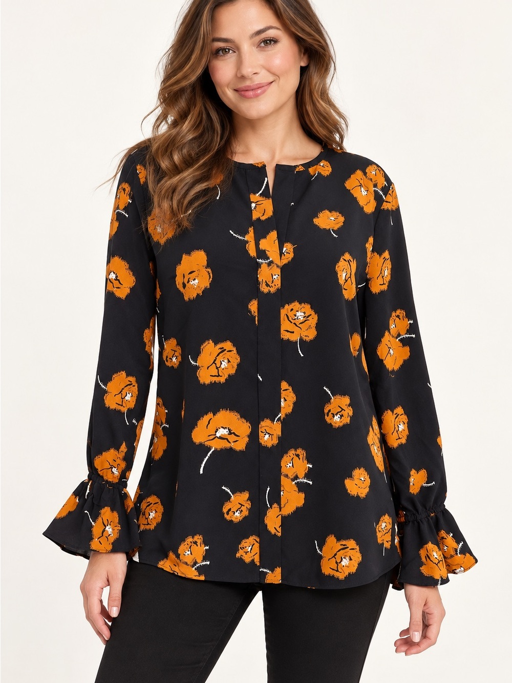 Derek Lam 10 Crosby Black Collarless Blouse with Orange Flower Print sz 8
